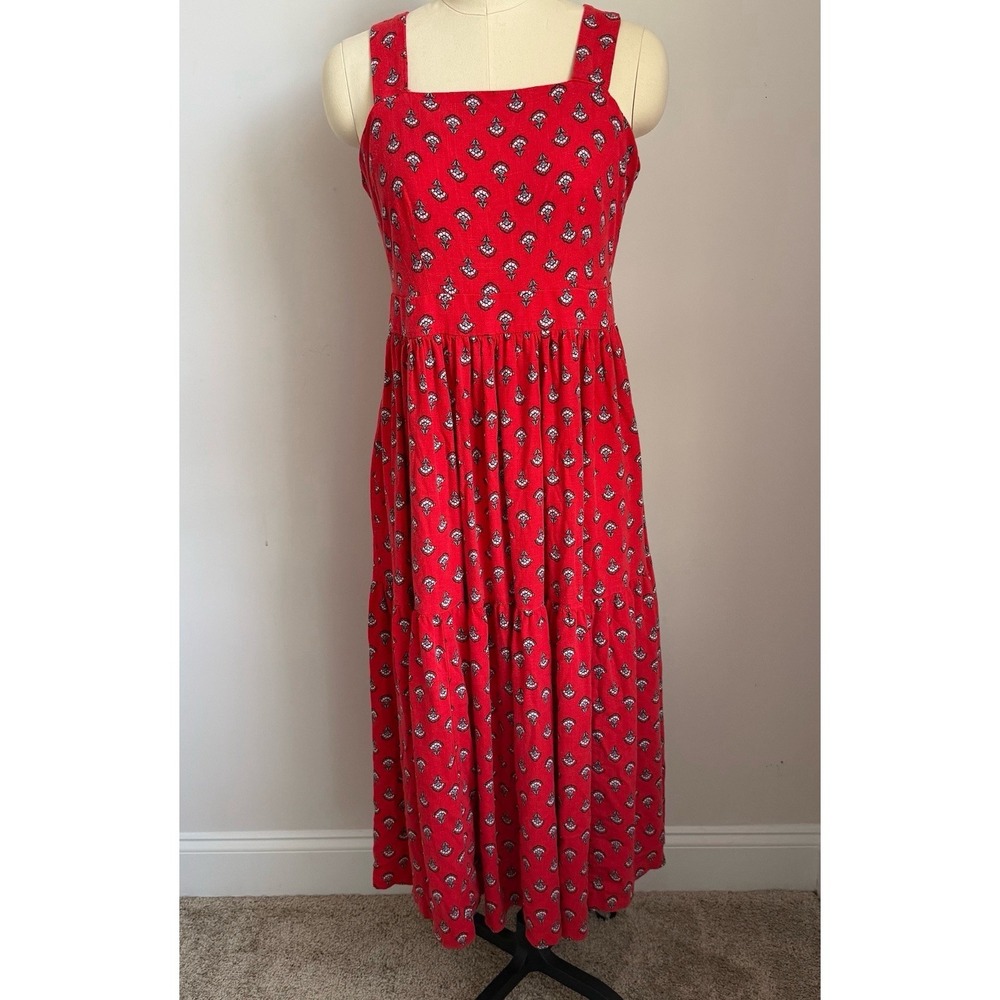 Ann Taylor Red Floral Midi Dress with Square Neck